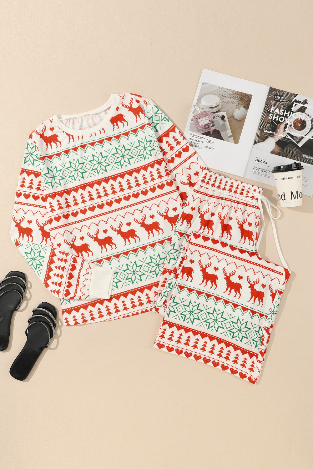 White Christmas Print Pullover and Pants Lounge Set