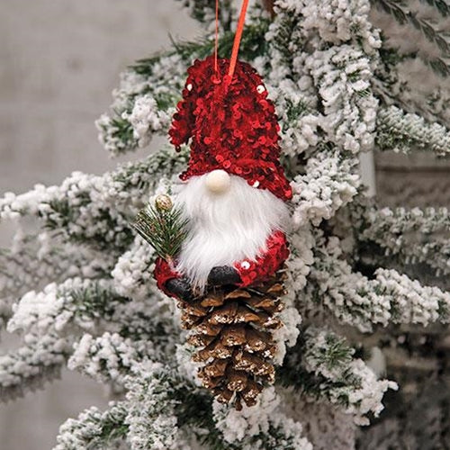 Red Sequin Gnome Pinecone Ornament